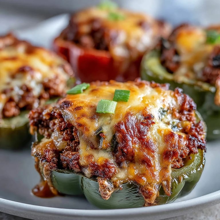 Keto Taco Stuffed Bell Peppers with Cheddar Melt Top baked in a white dish, garnished with fresh cilantro.