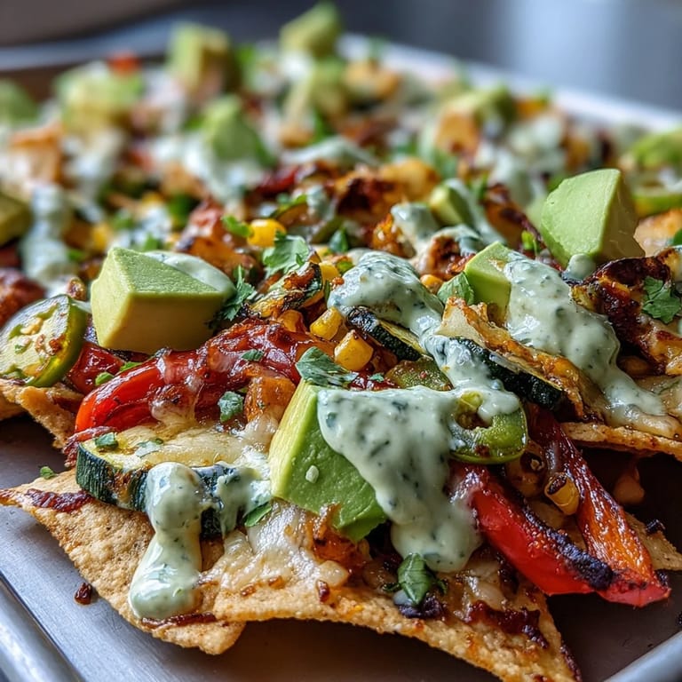 A close-up of warm Sheet Pan Salsa Verde Veggie Nachos drizzled with rich cashew queso and cilantro.