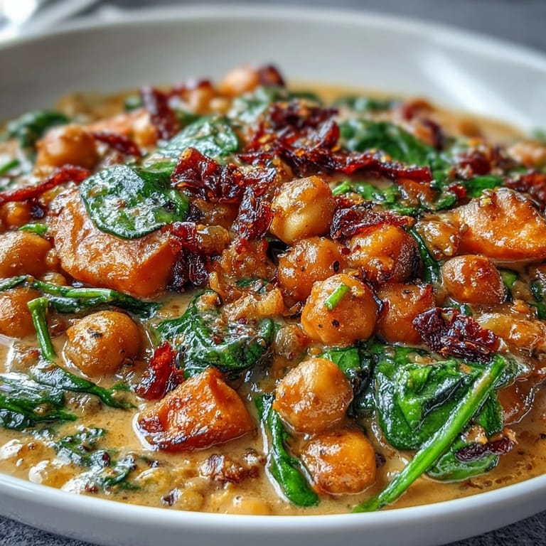 A close-up of Creamy Coconut Curry Chickpea Skillet with Spinach and Sweet Potato showing wilted spinach and chickpeas in a rich sauce.