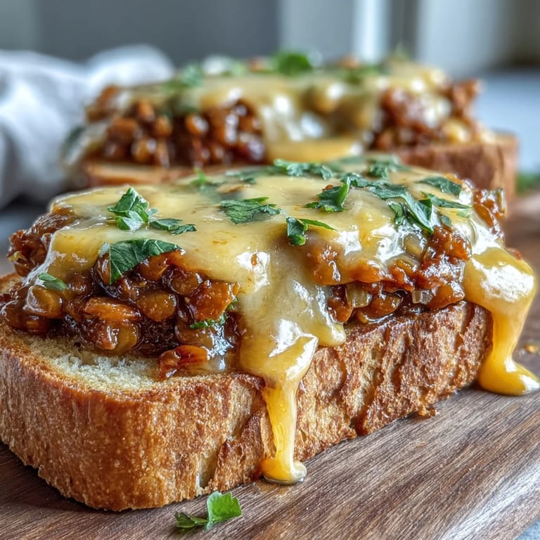 Vibrant Vegan Cheeseburger Lentil Sloppy Joes on Toasted Sourdough garnished with fresh dill pickles and sliced red onion.