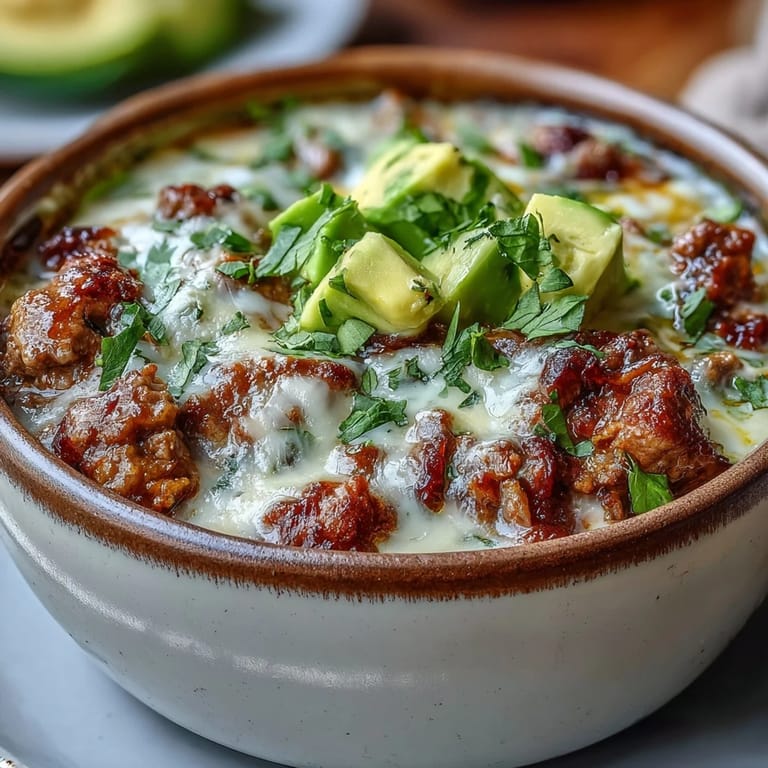 Steamy Keto Taco Soup with Ground Beef, Cheese, and Avocado in a pot, garnished with jalapeños and shredded cheese for a low-carb meal.