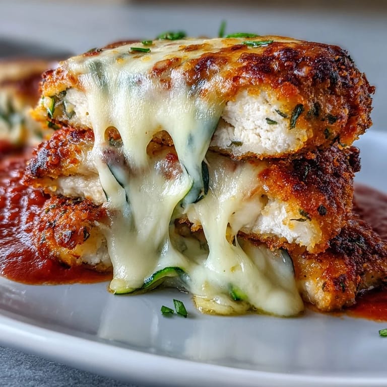 Tender baked chicken parm with bubbly tomato sauce and melted cheese resting on a bed of light, garlicky zucchini noodles.