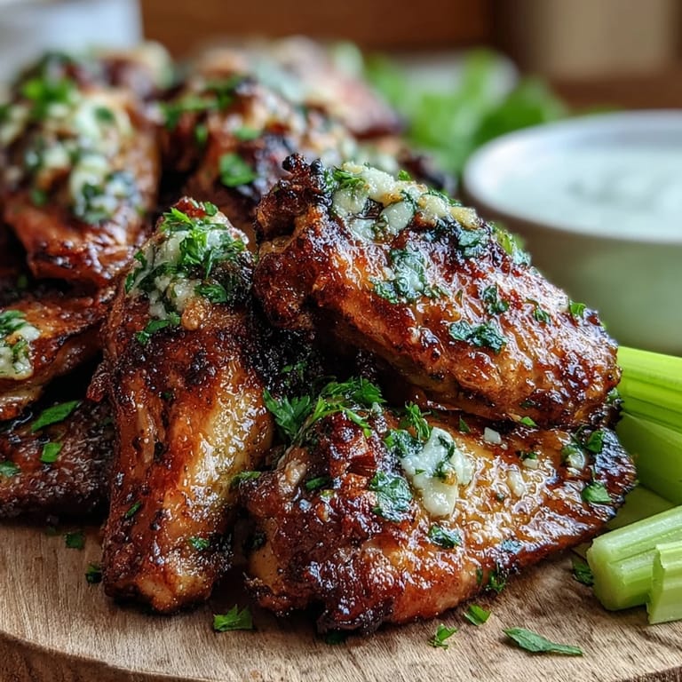 Sizzling Keto Garlic Parmesan Roasted Wings served hot with crunchy celery sticks and a side of cool ranch.