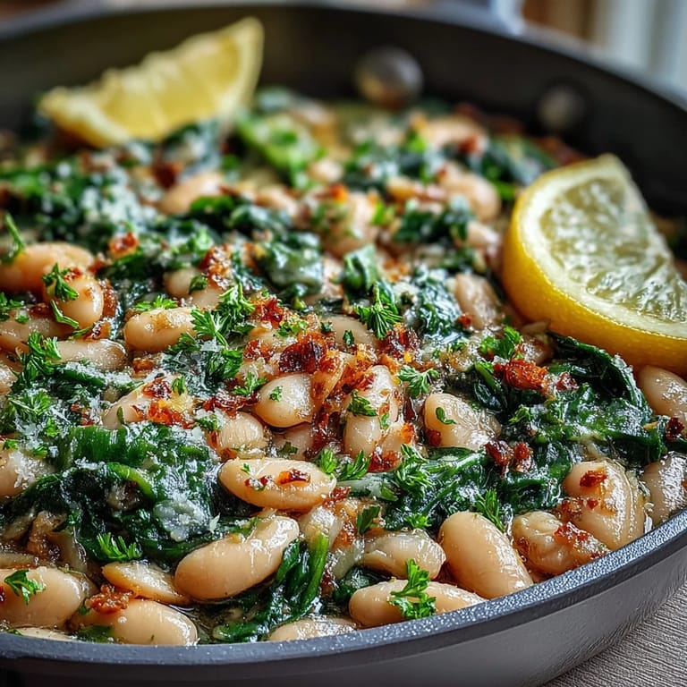 A close-up of Vegan Lemon Garlic White Bean Skillet with Spinach, creamy beans and wilted greens on toast.