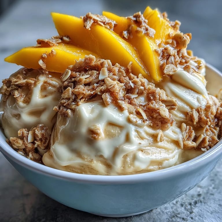 Creamy dairy-free Vegan Mango Coconut Ice Cream Bowls garnished with toasted oats and drizzle for a refreshing summer dessert.