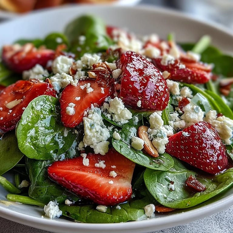 A refreshing Fresh Strawberry Spinach Salad with Feta and Toasted Almonds, drizzled with a sweet balsamic dressing.