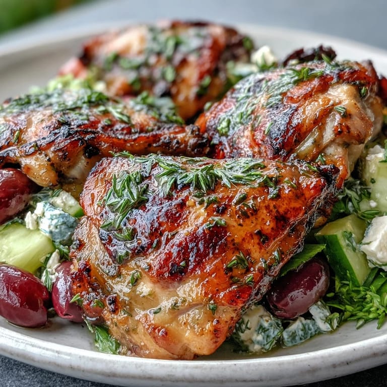 Slice of tender Lemon Herb Chicken Thighs revealing juicy interior, paired with vibrant cucumbers, tomatoes, and onions.