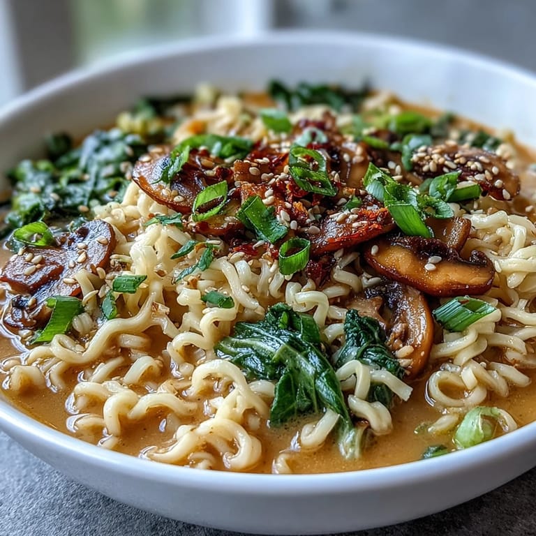 Creamy vegan ramen with rich coconut milk, red curry paste, and fresh vegetables served in a cozy, inviting bowl.  