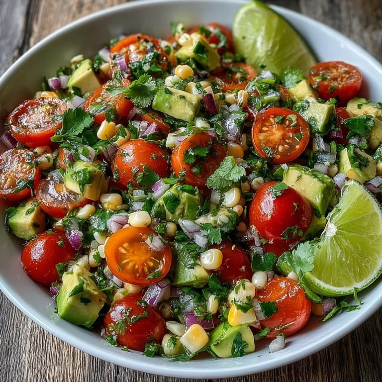 Fresh Corn and Tomato Salad with Avocado and Lime garnished with red onion, tossed with olive oil and lime juice beside grilled tacos or meats.