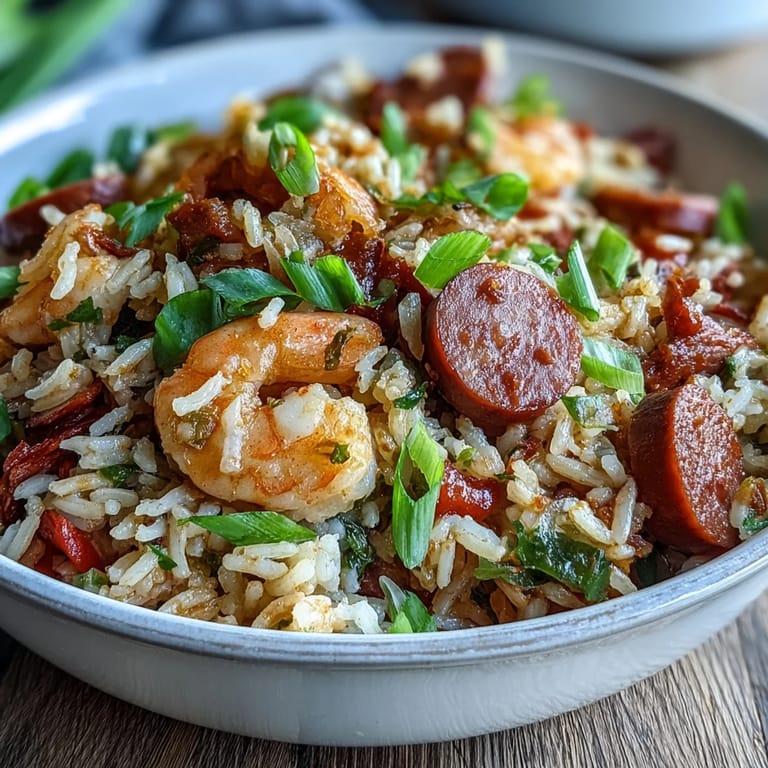 Savory Cajun dirty rice featuring tender shrimp, smoked sausage, and the holy trinity of vegetables for authentic Southern comfort.