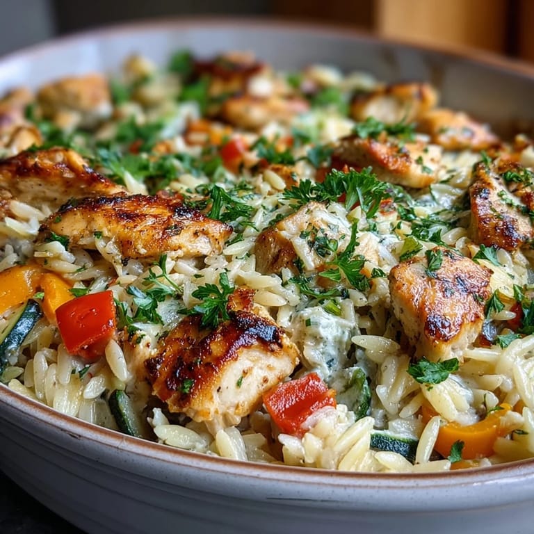 Creamy Boursin Orzo Bake featuring golden chicken strips, colorful bell peppers, and zucchini baked to perfection.  
