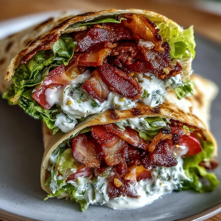 Delicious Gourmet BLT Wraps filled with crispy bacon, juicy marinated tomatoes, and tangy secret sauce, perfect for lunch.  