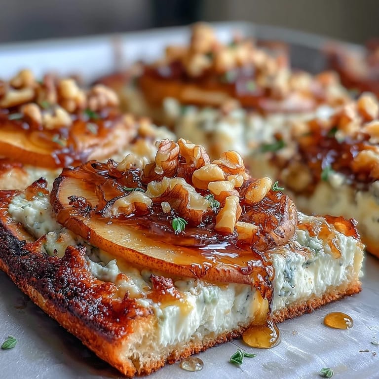 Elegant Goat Cheese & Pear Flatbread with Hot Honey: A golden flatbread topped with rich goat cheese, juicy pears, toasted walnuts, and a bold drizzle of spicy hot honey for a gourmet appetizer.  