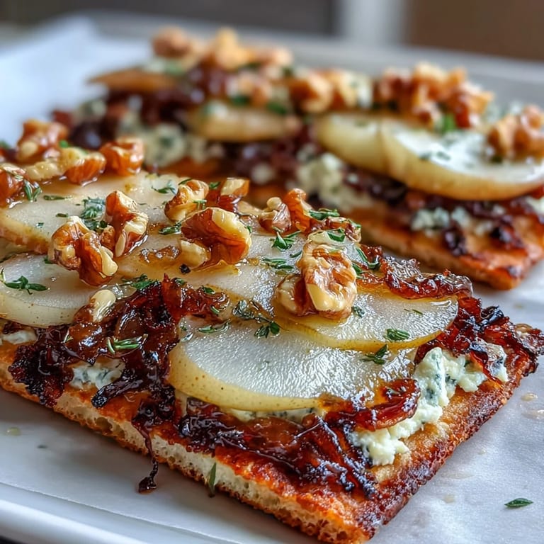 Vegetarian Goat Cheese & Pear Flatbread with Hot Honey: Soft goat cheese and sweet pear slices on a crispy flatbread, finished with caramelized onions, walnuts, and a fiery hot honey glaze.