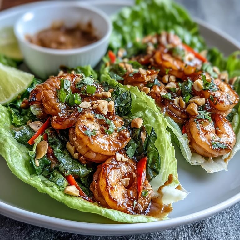 Succulent shrimp in crisp lettuce wraps, topped with peanut sauce, lime, and fresh vegetables for a satisfying appetizer.