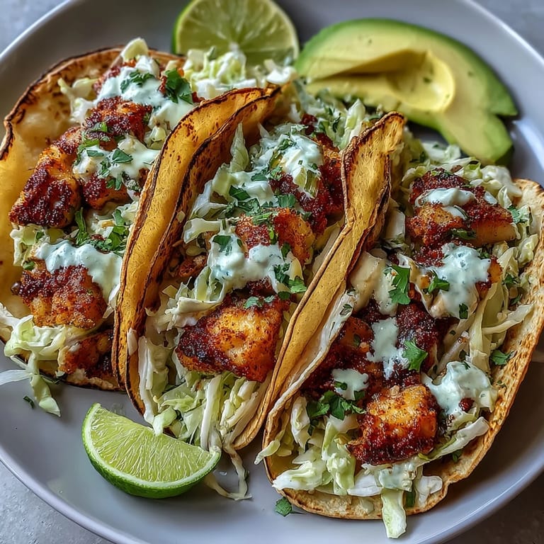 Golden chili-spiced fish tucked into warm tortillas with cool avocado, crunchy slaw, and a drizzle of tangy cilantro sauce.