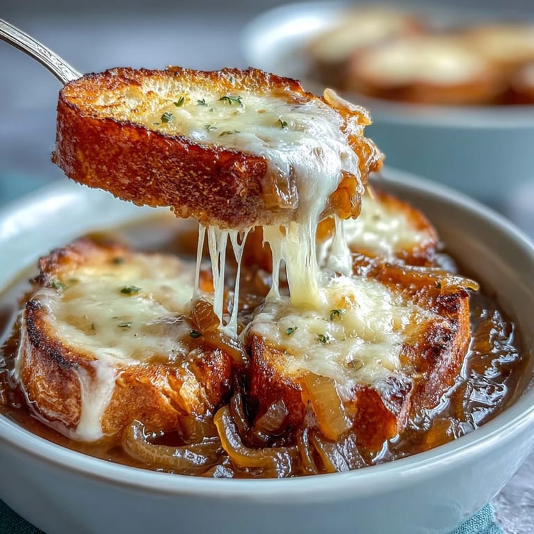 Classic French onion soup featuring slow-cooked onions, savory broth, and golden sourdough Gruyere crostini.