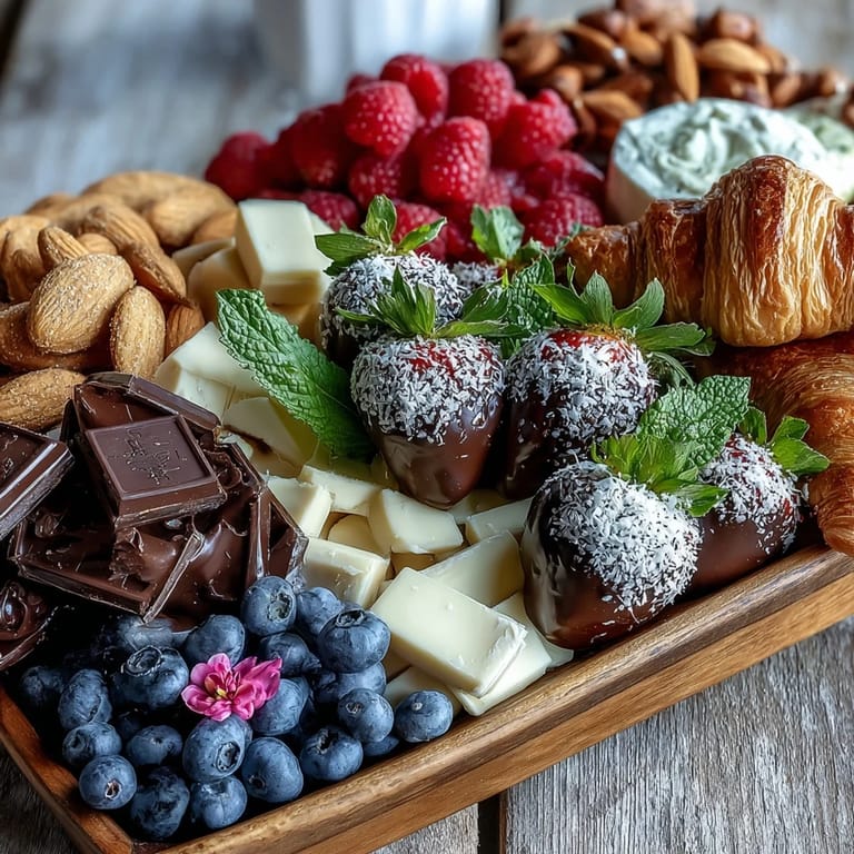A vibrant charcuterie platter featuring ripe berries, savory cheeses, nuts, and decadent chocolate-dipped strawberries for a celebratory spread.