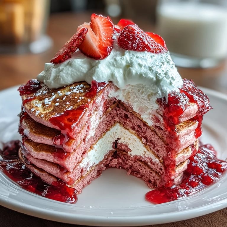 A stack of naturally pink pancakes topped with fresh strawberries and creamy yogurt, ideal for festive mornings.  