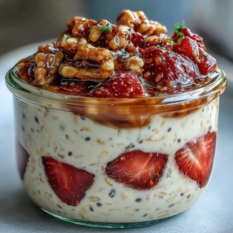 A wholesome breakfast of layered oats, ripe strawberries, and sweet candied walnuts.  