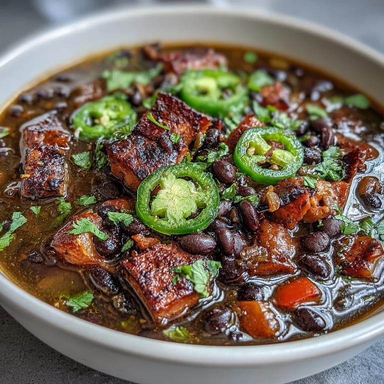 Rich and spicy Black Bean and Ham Soup featuring tender beans, smoky ham, and vibrant jalapeños served with crusty bread on the side.