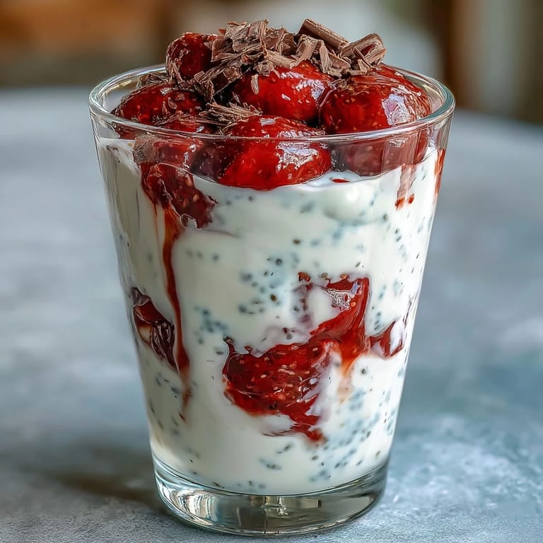Refreshing strawberry yogurt chia pudding garnished with dark chocolate shavings and mint leaves.
