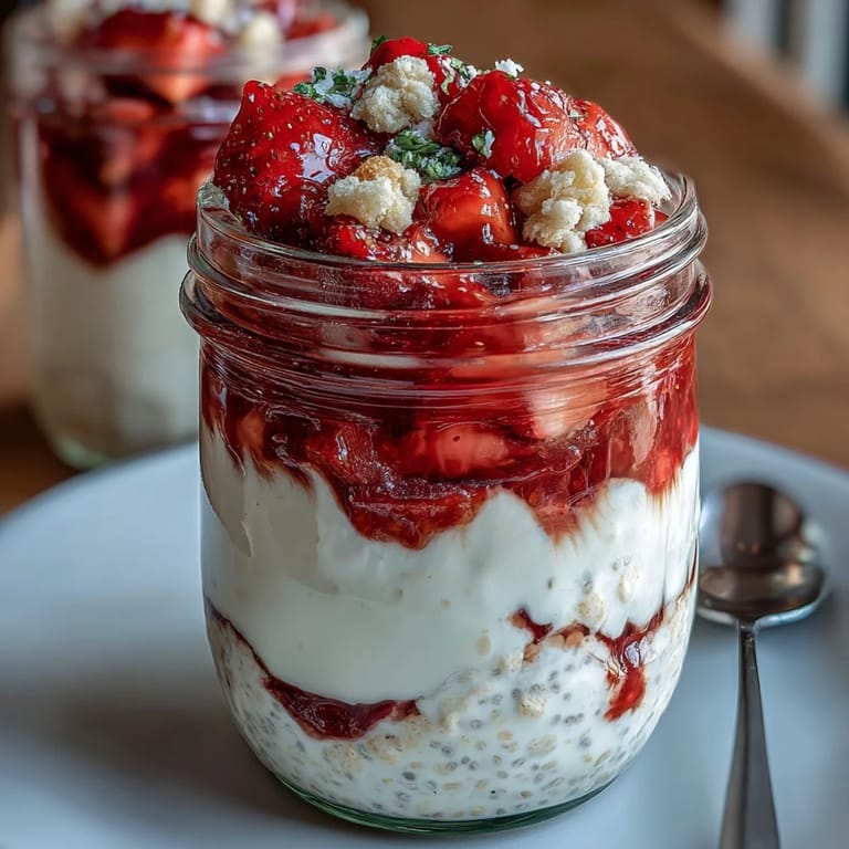 Chilled strawberry cheesecake overnight oats in mason jars, topped with crunchy graham cracker crumbs and a dollop of creamy yogurt.