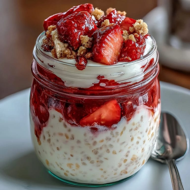 Mason jar breakfast featuring strawberry cheesecake overnight oats with a rich cream cheese layer and juicy, diced strawberries.  