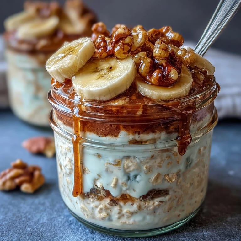 Wholesome overnight oats with mashed banana, cinnamon, and Greek yogurt, garnished with toasted walnuts and fresh banana slices.