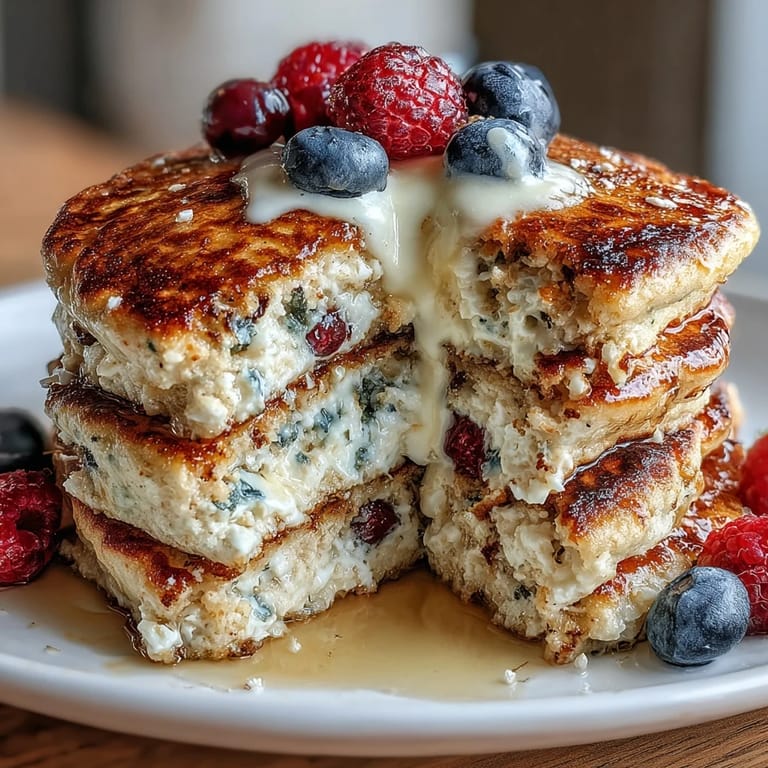 Golden-brown protein pancakes made with cottage cheese and juicy berries, perfect for a healthy breakfast.  