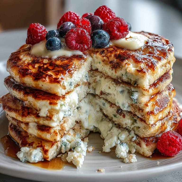 High-protein pancakes featuring creamy cottage cheese and vibrant mixed berries, served warm and ready to enjoy.