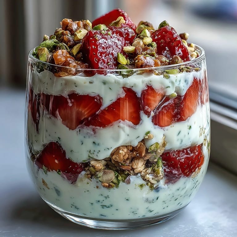 Layered Pistachio and Strawberry Breakfast Parfait with tangy strawberries, crunchy granola, and chopped pistachios for a satisfying morning treat.