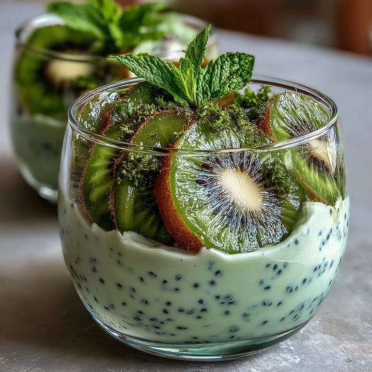 Refreshing kiwi and lime chia pudding in clear cups, topped with coconut flakes and mint for a tropical, gluten-free snack.