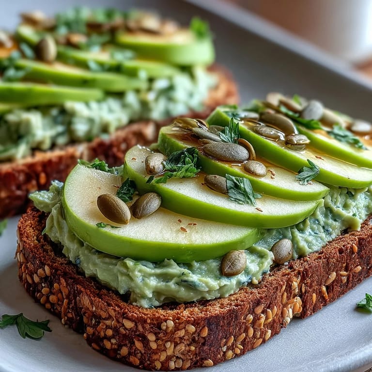 This colorful breakfast toast combines fresh avocado, tangy green apple slices, and toasted pumpkin seeds for a satisfying, healthy start.