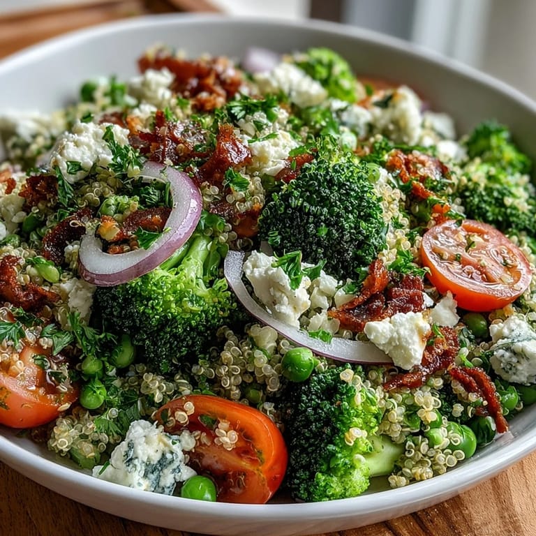 Nutty quinoa and crisp-tender broccoli combine with sweet peas and tangy feta in a protein-packed, gluten-free lunch bowl.  