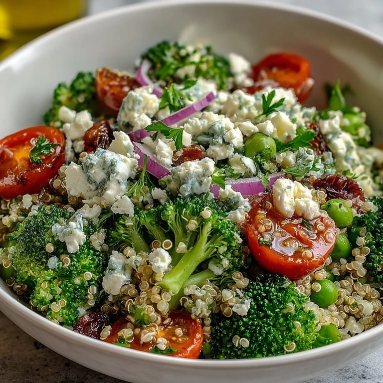 This vibrant quinoa bowl features steamed broccoli, green peas, cherry tomatoes, and crumbled feta, perfect for healthy meal prep.
