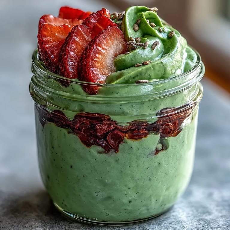 A vibrant breakfast bowl featuring strawberry matcha chia oats with fresh berries and a sprinkle of seeds, perfect for a nutritious start.