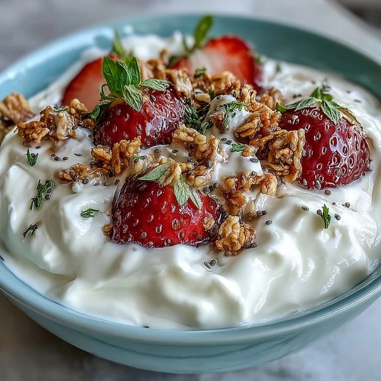 Creamy whipped Greek yogurt layered with juicy strawberries and crunchy granola, garnished with chia seeds and mint for a refreshing start.  
