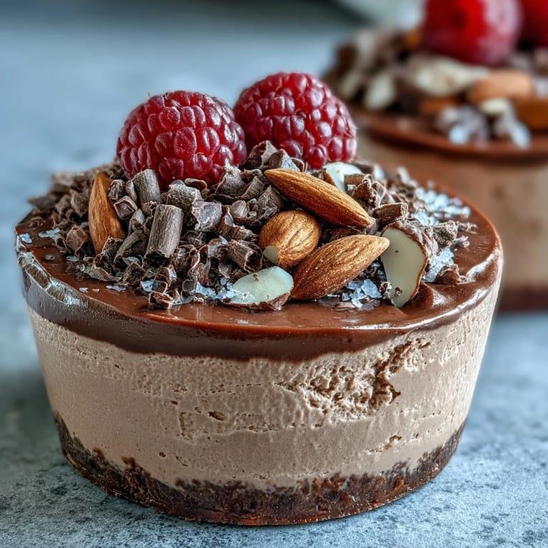 Creamy chocolate mousse cups made with cottage cheese and Greek yogurt, perfect for a healthy dessert.  
