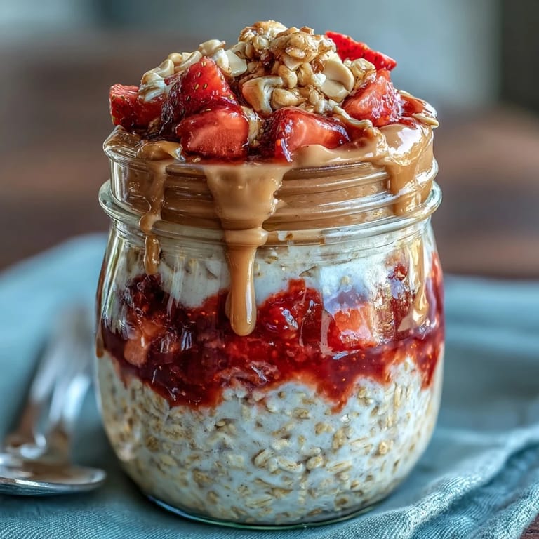 Wholesome PB&J-inspired overnight oats featuring a creamy base, sweet jam, rich peanut butter, and a crunchy peanut topping.