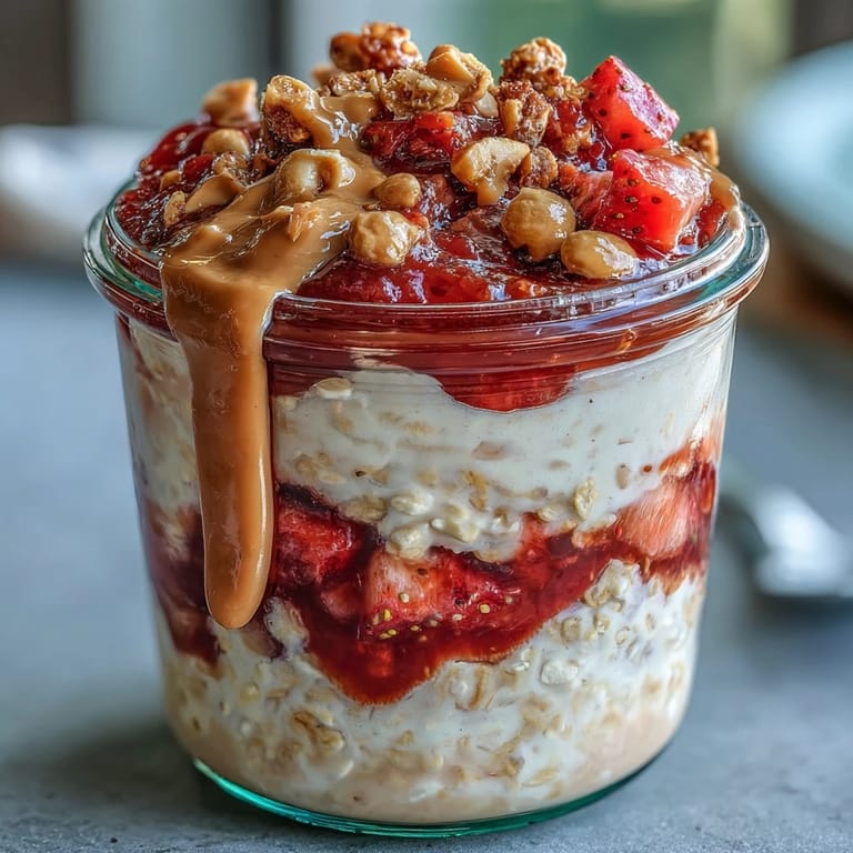 Strawberry jam and peanut butter overnight oats with chia seeds and yogurt, garnished with fresh strawberries and chopped peanuts.