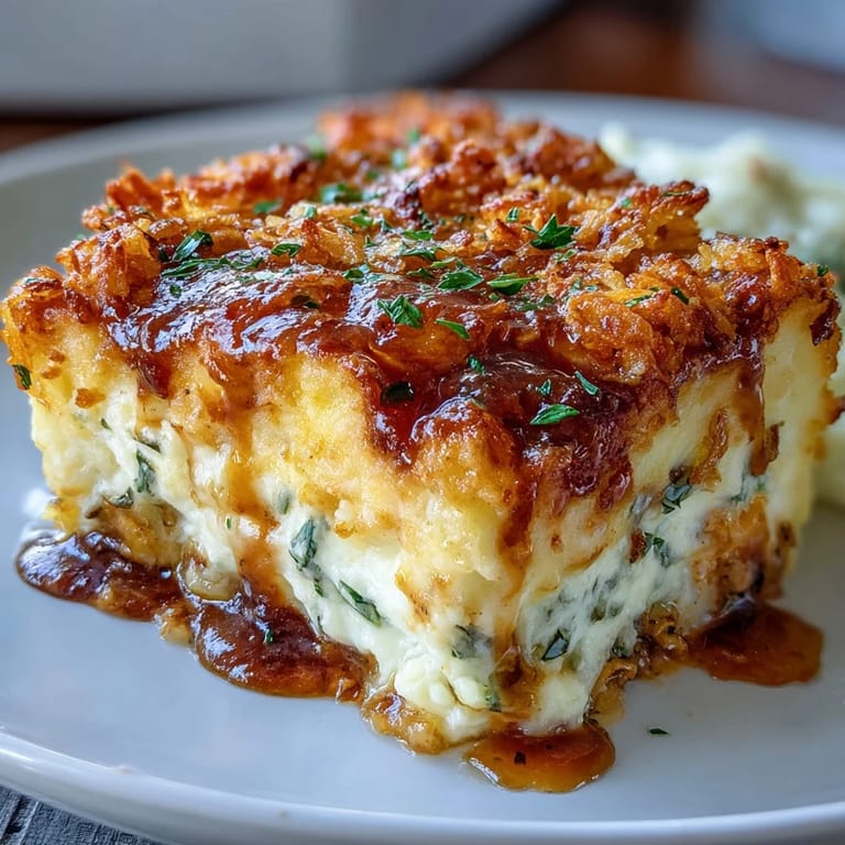 Comforting funeral potatoes shepherd's pie mash-up featuring layers of savory meat, vegetables, and rich cheesy potato topping baked to perfection.