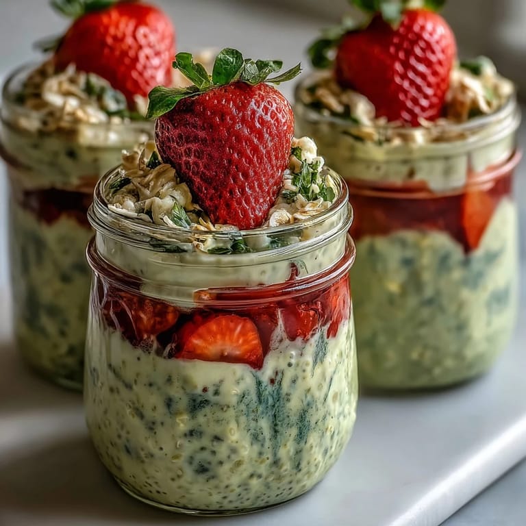 Make-ahead strawberry matcha latte overnight oats in mason jars, combining wholesome oats, matcha, and juicy strawberries for a healthy morning meal.