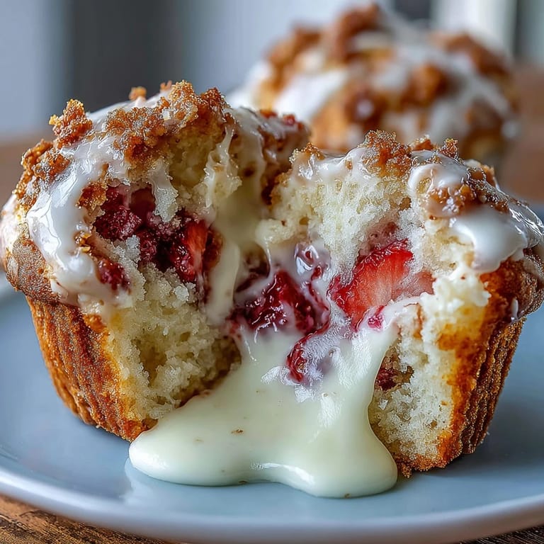 Fresh strawberry muffins swirled with rich cream cheese, perfect for brunch or a sweet snack any time of day.