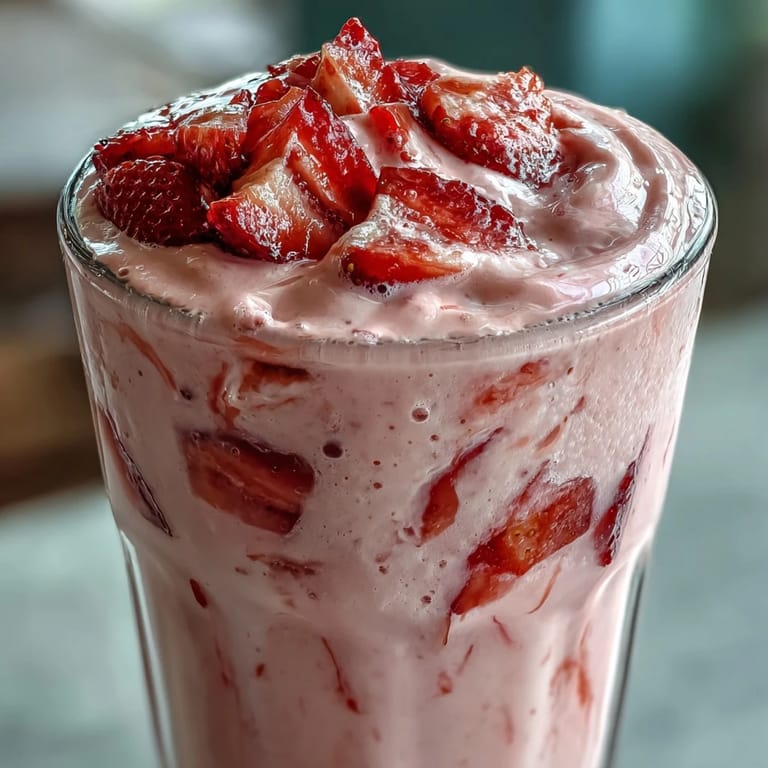 A vibrant glass of strawberry shortcake protein smoothie, blending sweet strawberries, creamy yogurt, and a hint of vanilla for a dessert-like treat.