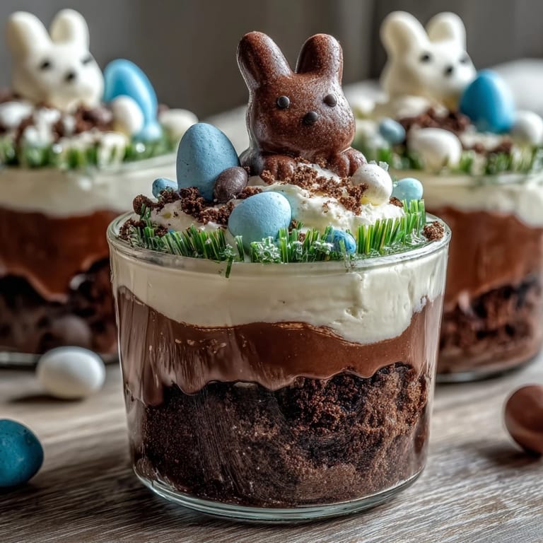 Kid-friendly Easter dessert featuring layers of creamy chocolate pudding, crushed cookies, and festive bunny decorations.  