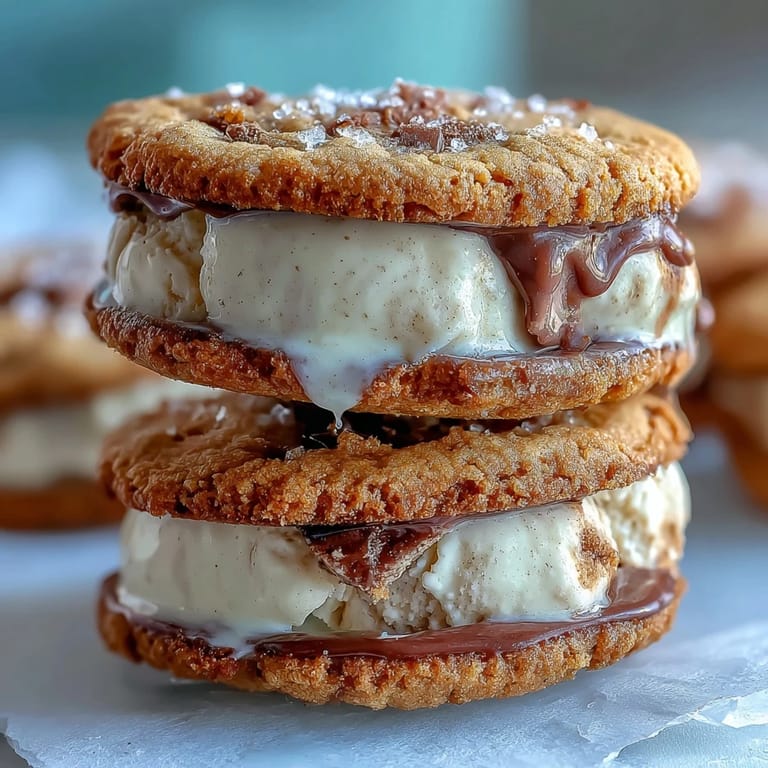 Homemade vanilla bean ice cream layered between espresso-flavored cookies in a refreshing frozen dessert.