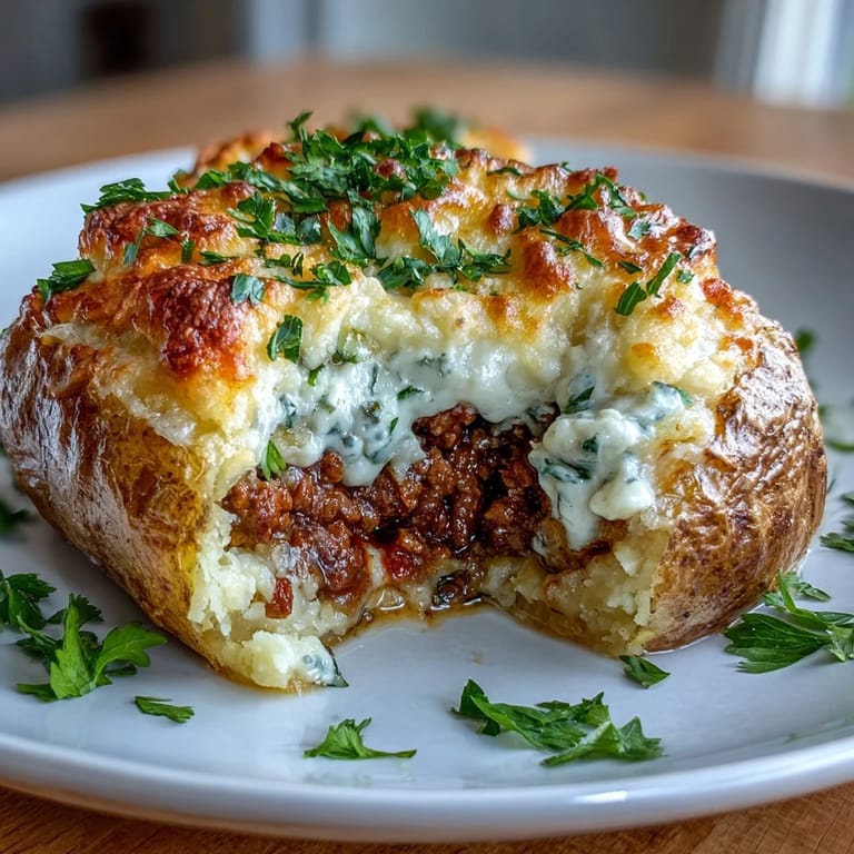 Golden-baked Shepherds Pie Stuffed Potatoes brimming with flavorful beef and veggies, topped with fluffy mashed potato and fresh parsley.