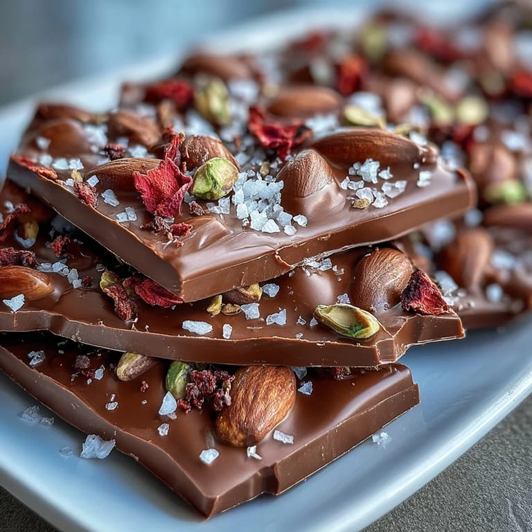 Rich dark chocolate bark topped with freeze-dried strawberries, crushed pistachios, and rose petals for a Middle Eastern treat.  
