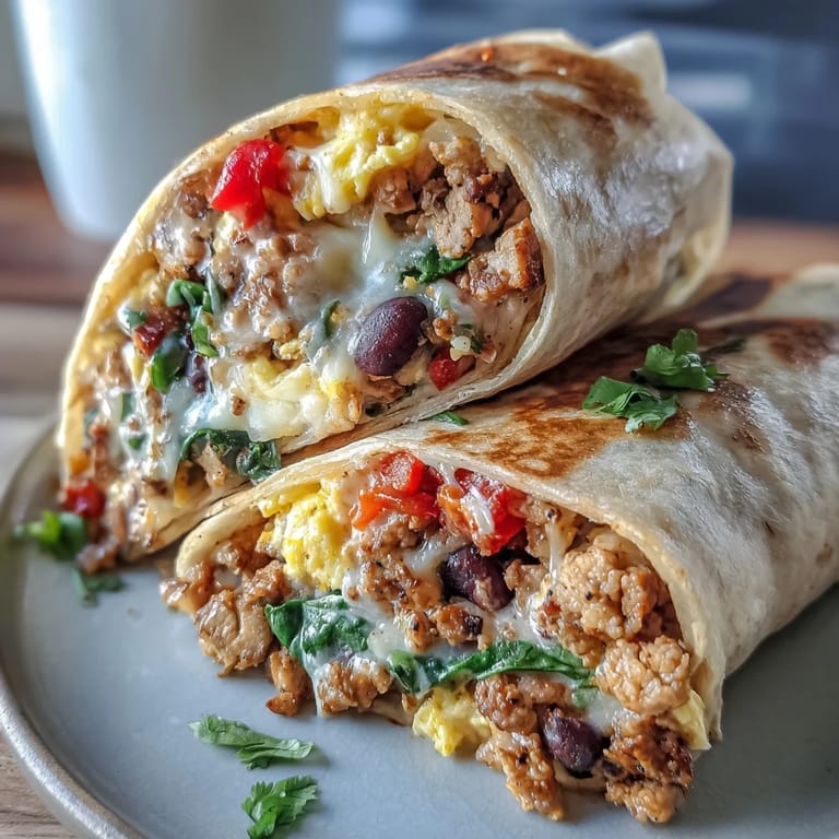 Hearty breakfast burritos packed with lean turkey, black beans, spinach, and cheesy scrambled eggs, perfect for busy mornings.